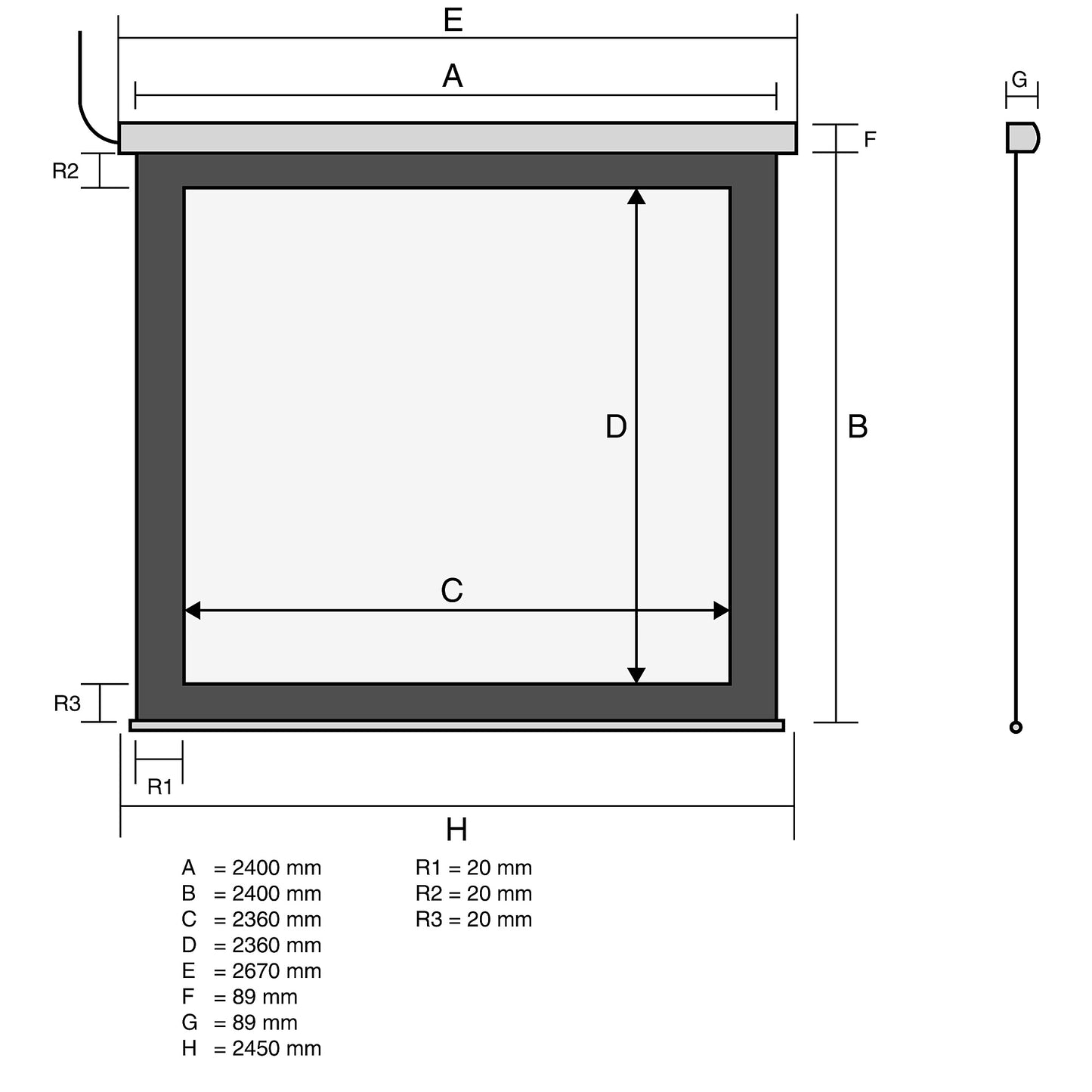 Motordrevet lerret, 240x240 cm