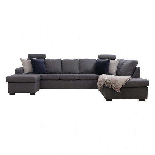 Nyrenset | Mørk grå u-sofa med sjeselong og fleksible nakkestøtter