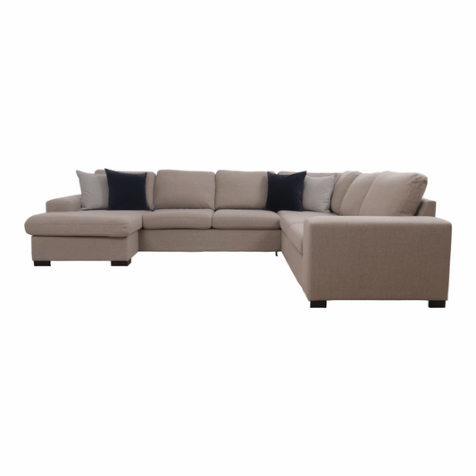 Nyrenset | Romslig lys brun u-sofa med sjeselong