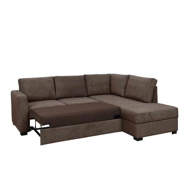 Fakta Sovesofa, polyester, mørk brun, åpent hjørne Høyre