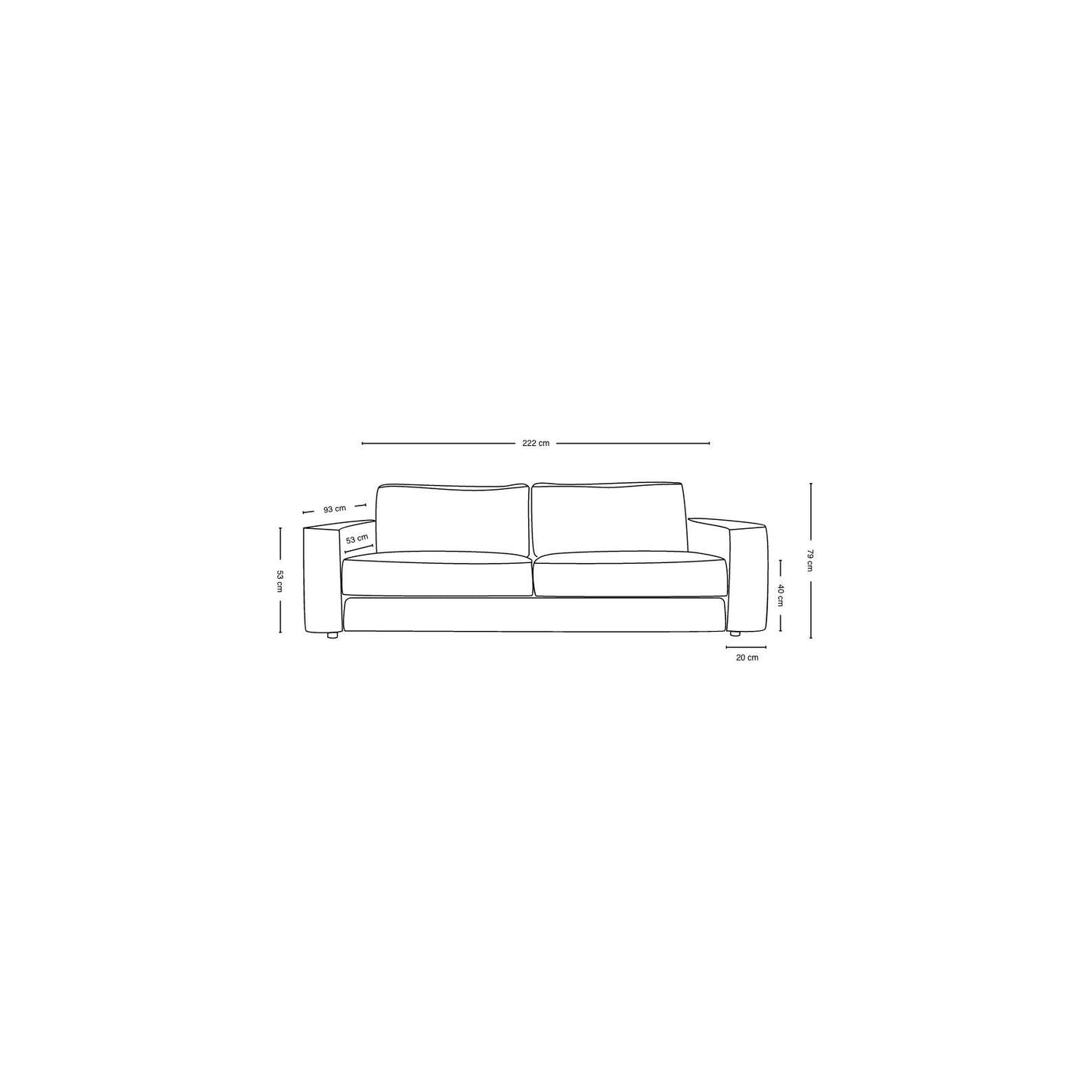 Olivia 3-seter sofa, naturlig tekstil, 222x95x79 cm