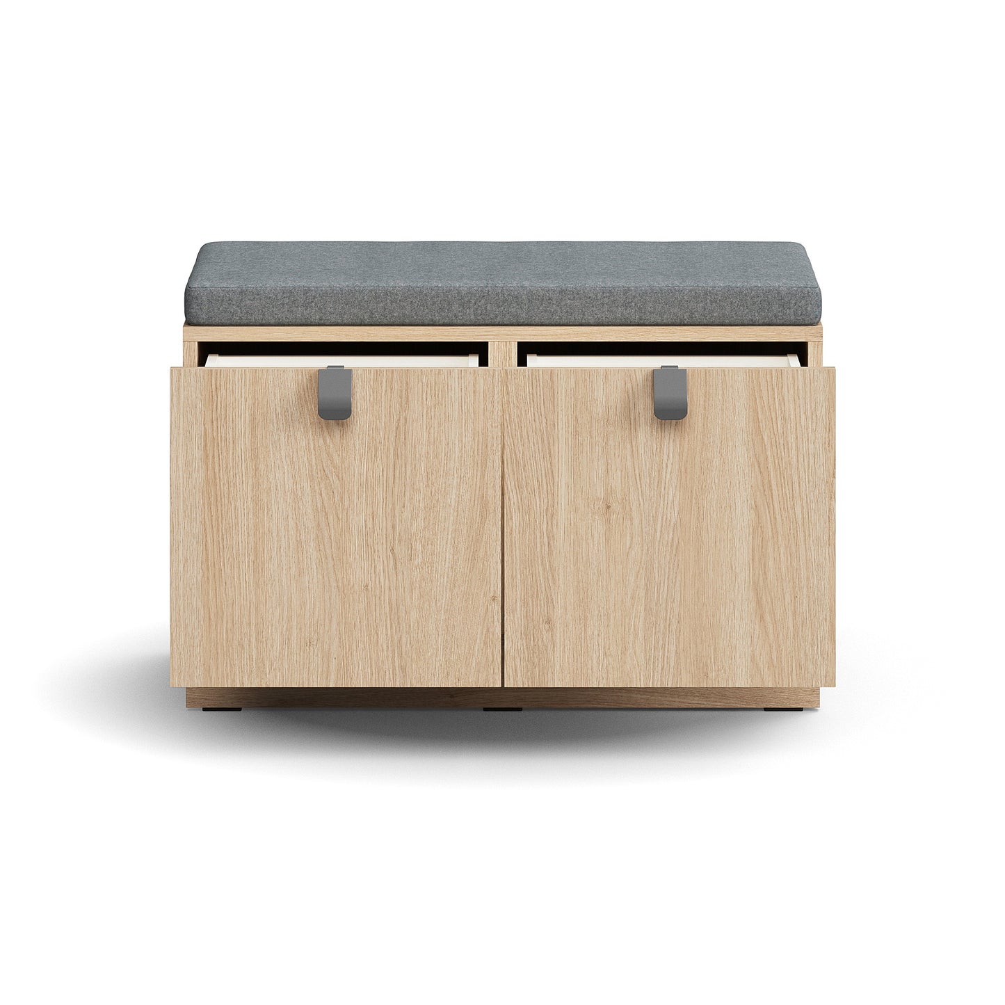 Oppbevaringsbenk QBUS, grå pute, 2 skuffer, eik