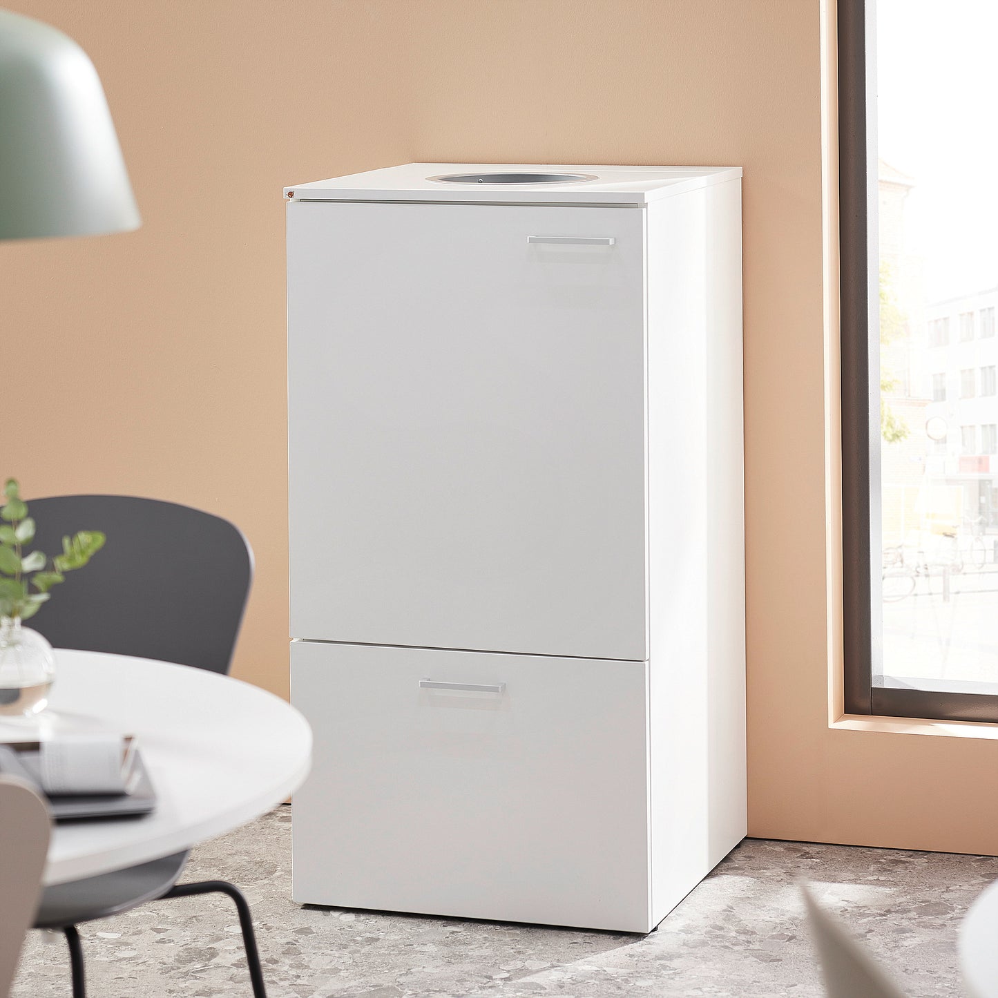 Kildesorteringsskap FAHRENHEIT, skuff, hvit, avfallsbeholder + 2 stk. 25 l plastbakker