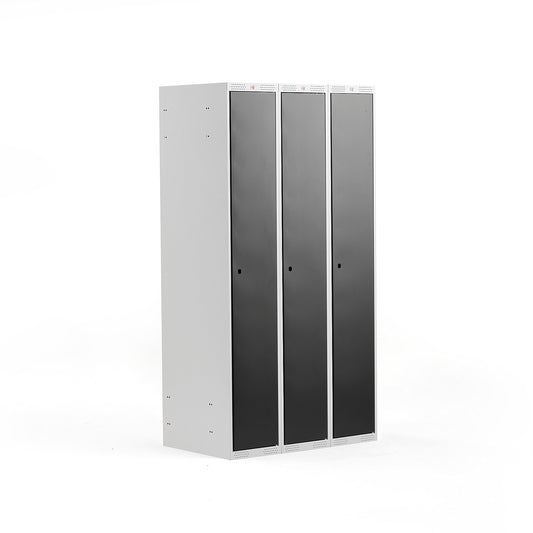 Garderobeskap CLASSIC, 3 seksjoner, flatt tak, H1740 B900 D550 mm, svart fra AJ Produkter
