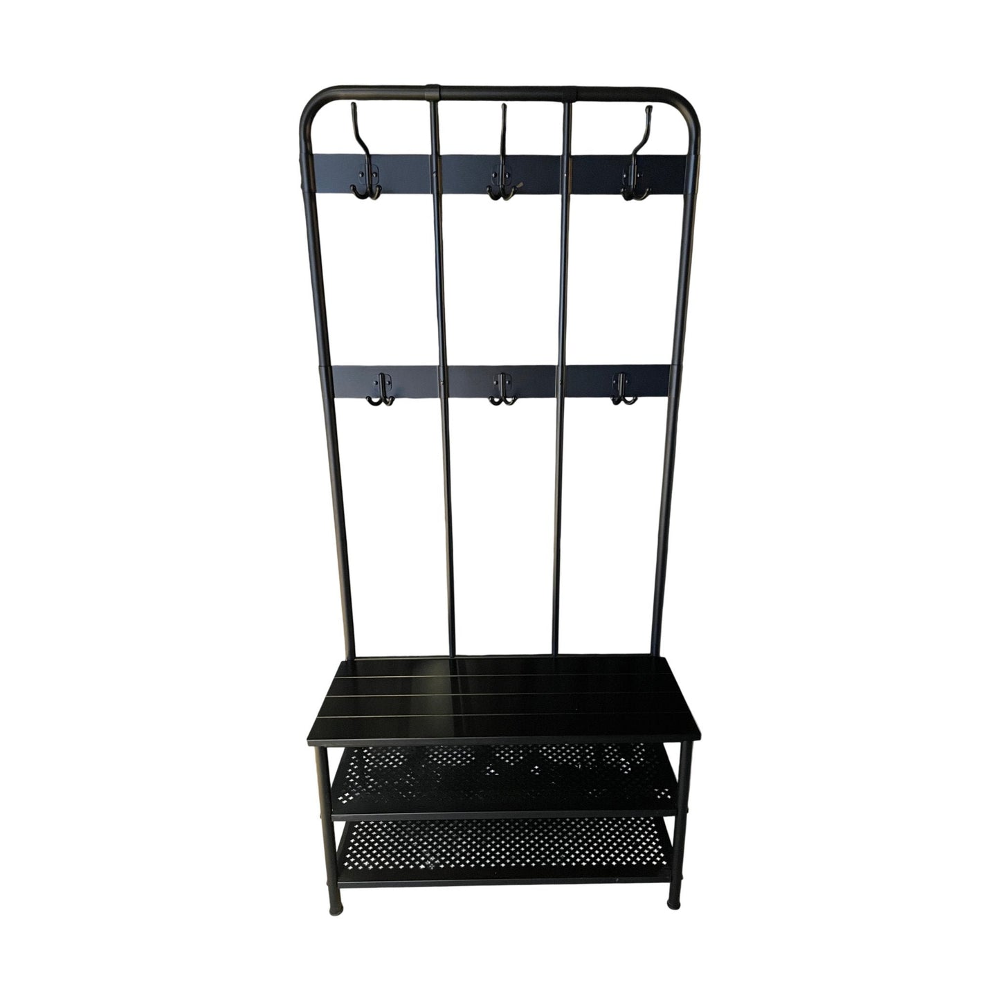 NIPÅSEN Knaggrekker og benk m skohyller, svart, 190x35x79 cm