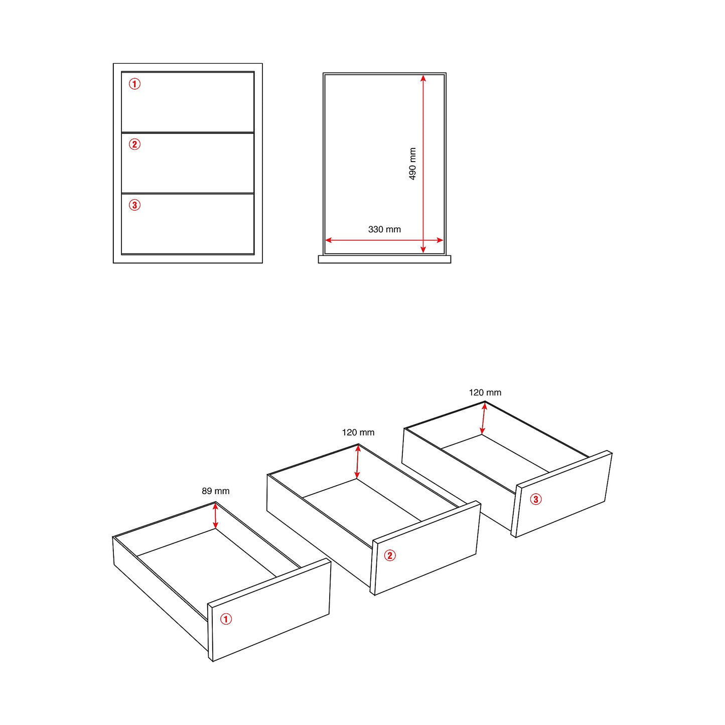 Skuffeseksjon FLEXUS, med hjul, 3 skuffer, grå