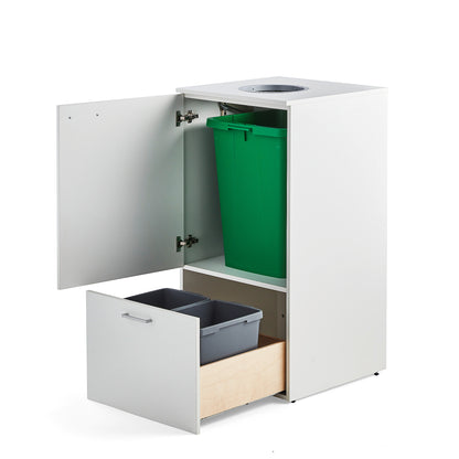 Kildesorteringsskap FAHRENHEIT, skuff, hvit, avfallsbeholder + 2 stk. 25 l plastbakker