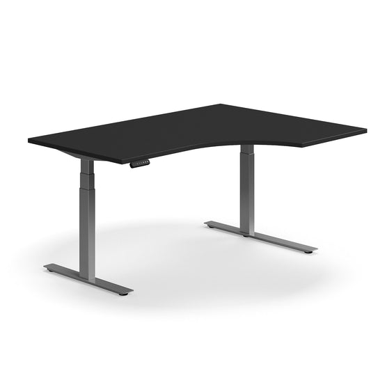 Helt nytt | Hjørneskrivebord QBUS, hev/senk, L1600 B1200 mm, sølv, svart