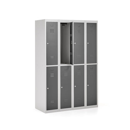 Garderobeskap CLICK, flatpakket, 4 seksjoner, 8 dører, H1800 B1200 D500 mm, grå stamme, mørk grå dør