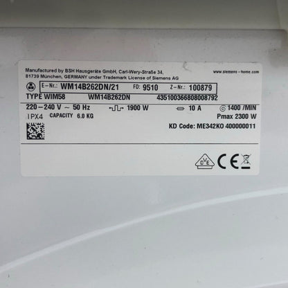 Siemens (Mod.: WM14B262DN/21) vaskemaskin