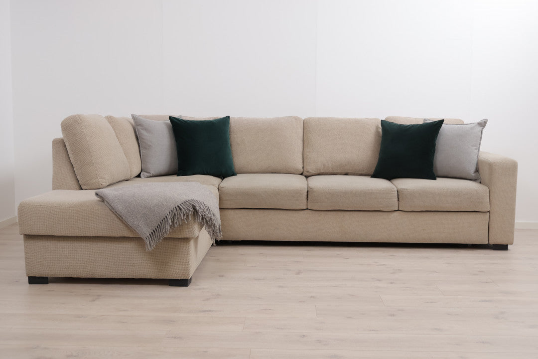 Nyrenset | Beige hjørne-sovesofa med oppbevaring