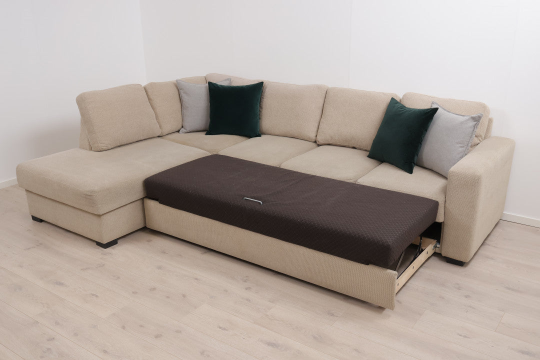 Nyrenset | Beige hjørne-sovesofa med oppbevaring