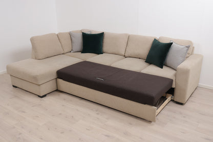 Nyrenset | Beige hjørne-sovesofa med oppbevaring