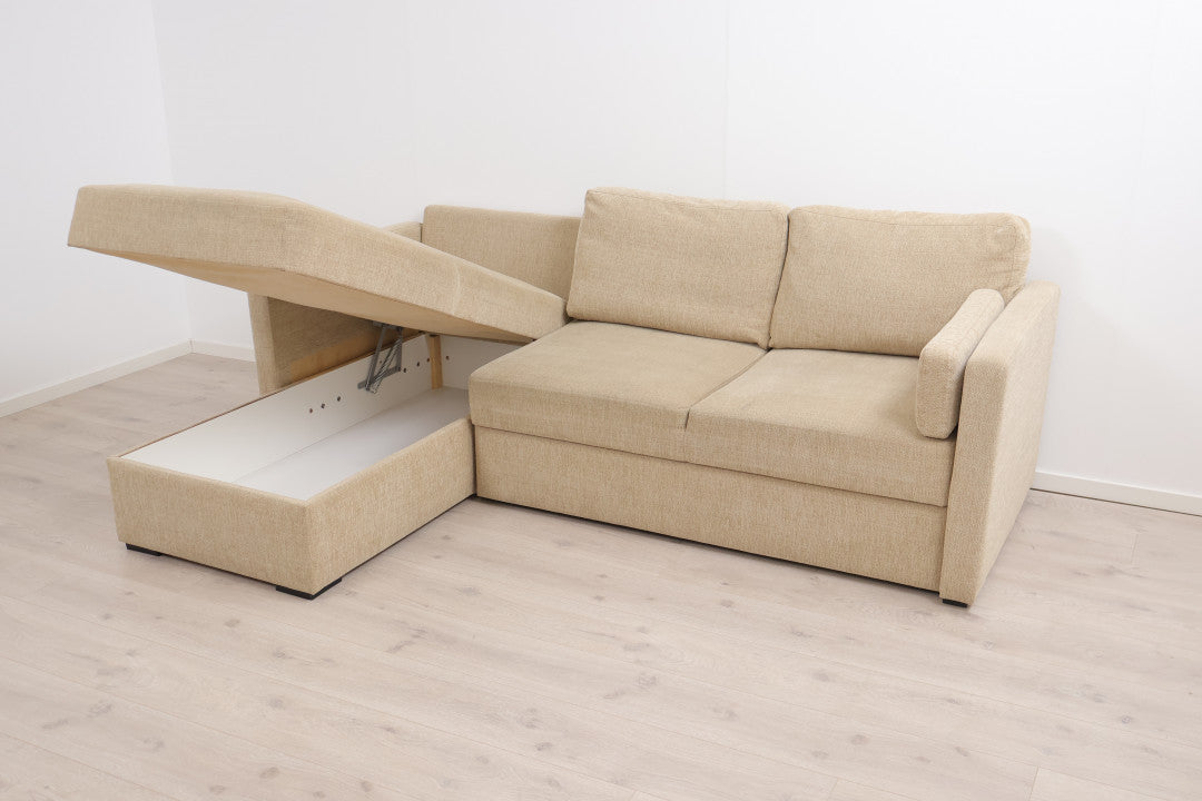 Nyrenset | Beige sovesofa med sjeselong og oppbevaring