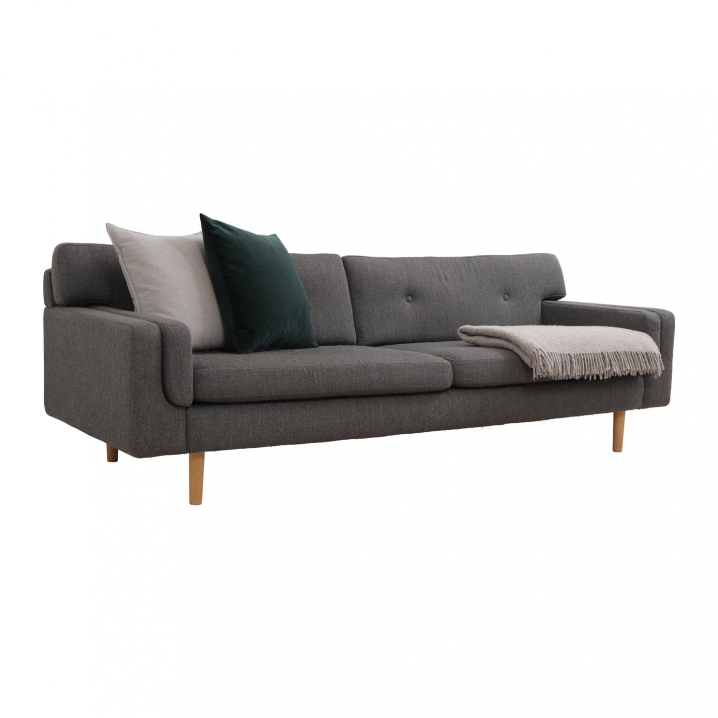 Nyrenset | Mørk grå 3-seter sofa i ullstoff med eikebein