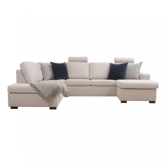 Nyrenset | Lys grå/beige u-sofa med sjeselong og fleksible nakkestøtter