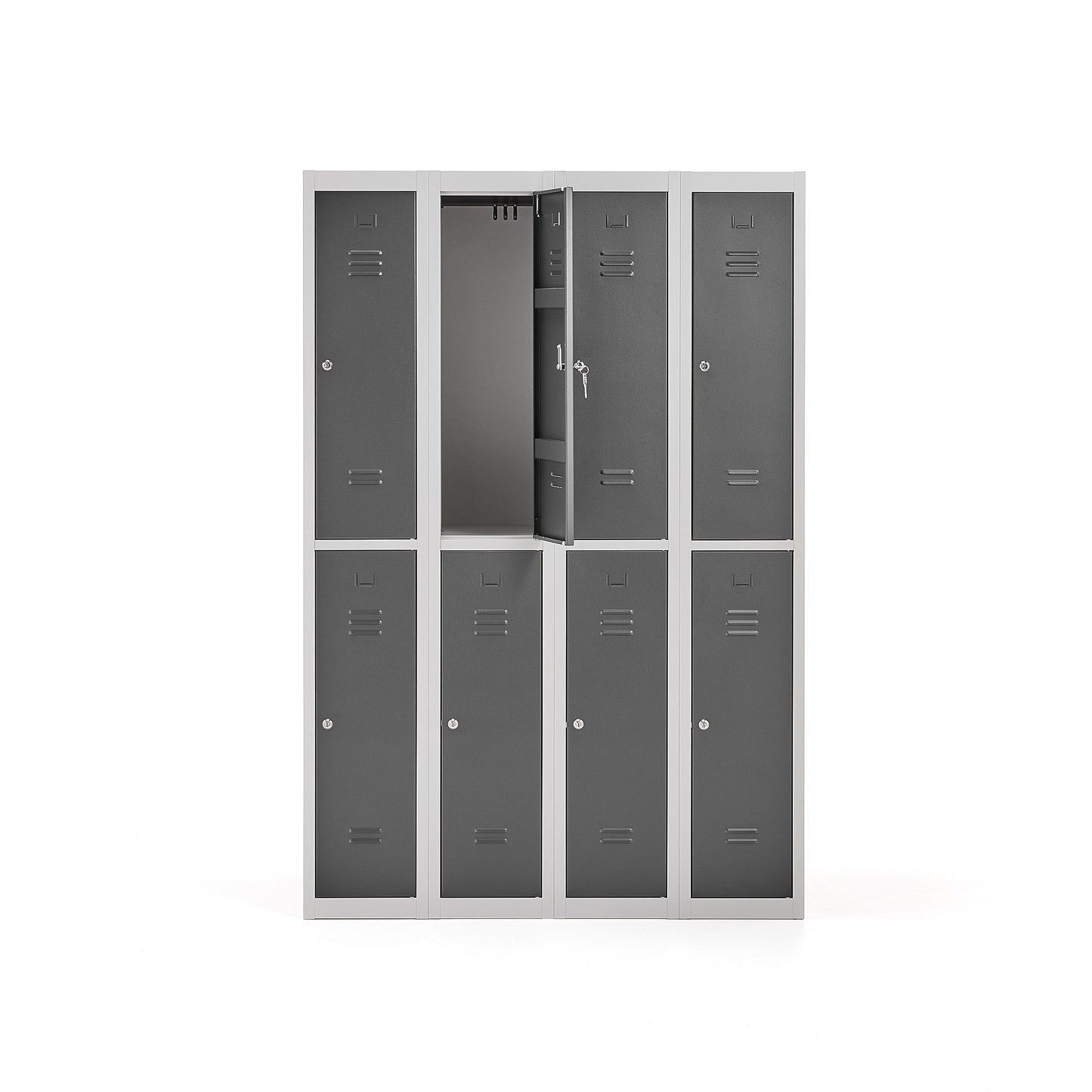 Garderobeskap CLICK, flatpakket, 4 seksjoner, 8 dører, H1800 B1200 D500 mm, grå stamme, mørk grå dør