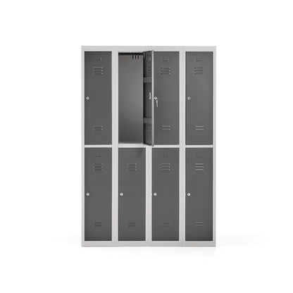 Garderobeskap CLICK, flatpakket, 4 seksjoner, 8 dører, H1800 B1200 D500 mm, grå stamme, mørk grå dør