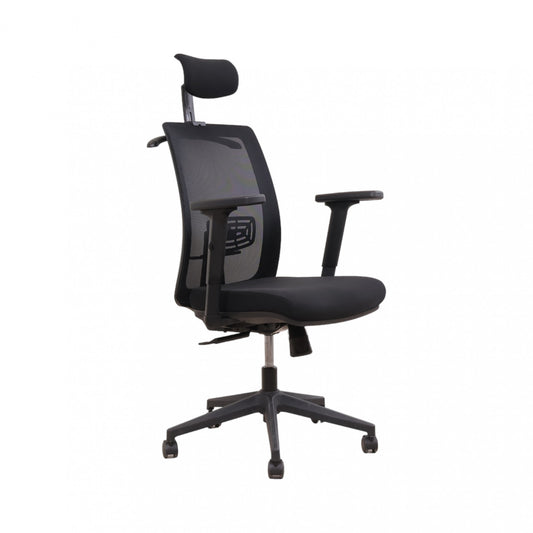 Komfortabel kontorstol i sort med høy rygg og nakkestøtte