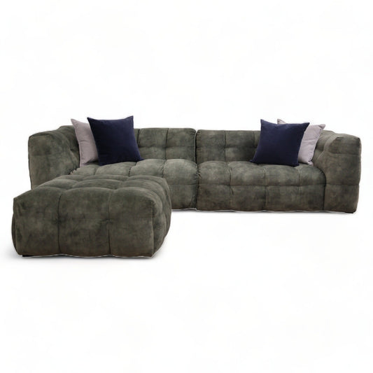 Ubrukt | Mørk grønn Michelin 4-seter sofa med puff i velur