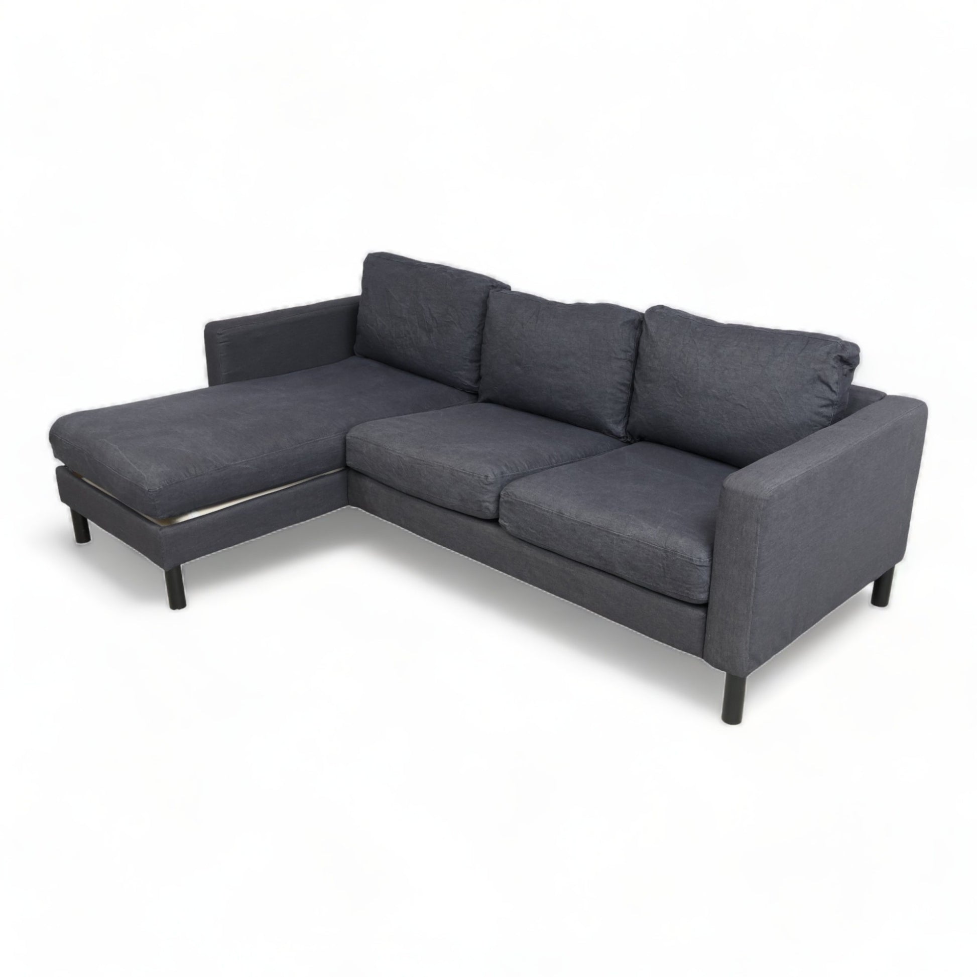 Nyrenset | Mørk blå denim IKEA Karlstad sofa med sjeselong - Secundo