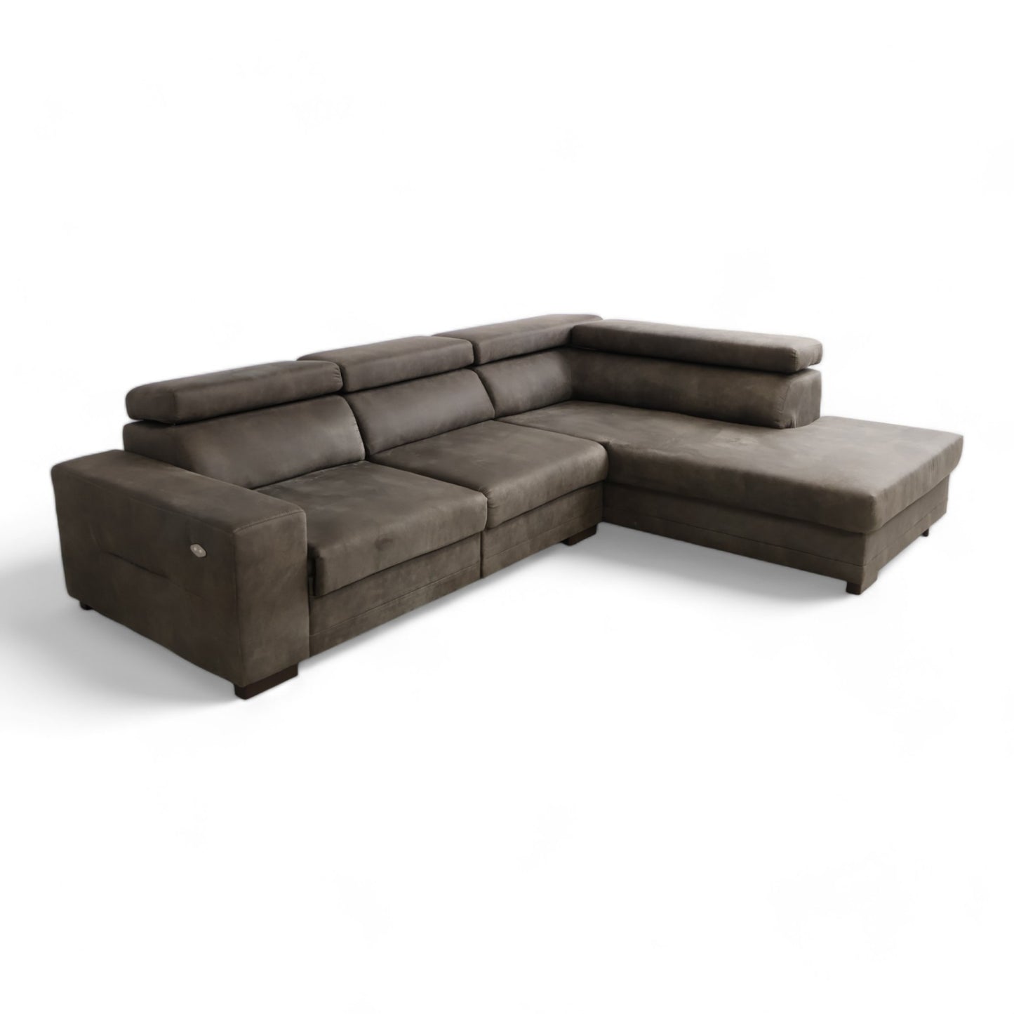 Nyrenset | Mørk gråbrun recliner-sofa med sjeselong