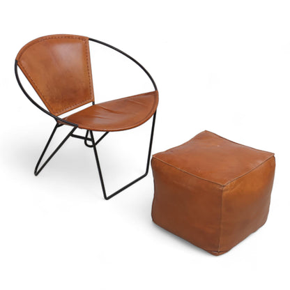 Nyrenset | Lenestol i skinn med puff, klassisk brun