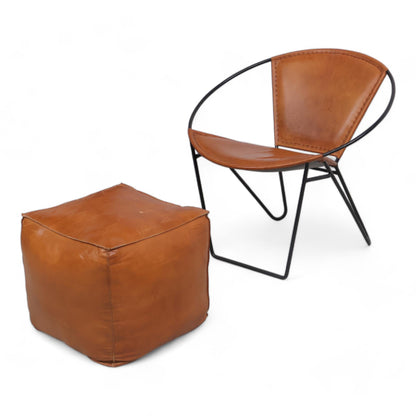 Nyrenset | Lenestol i skinn med puff, klassisk brun