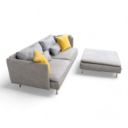 Nyrenset | Lys grå Ikea Söderhamn 3-seter sofa med puff