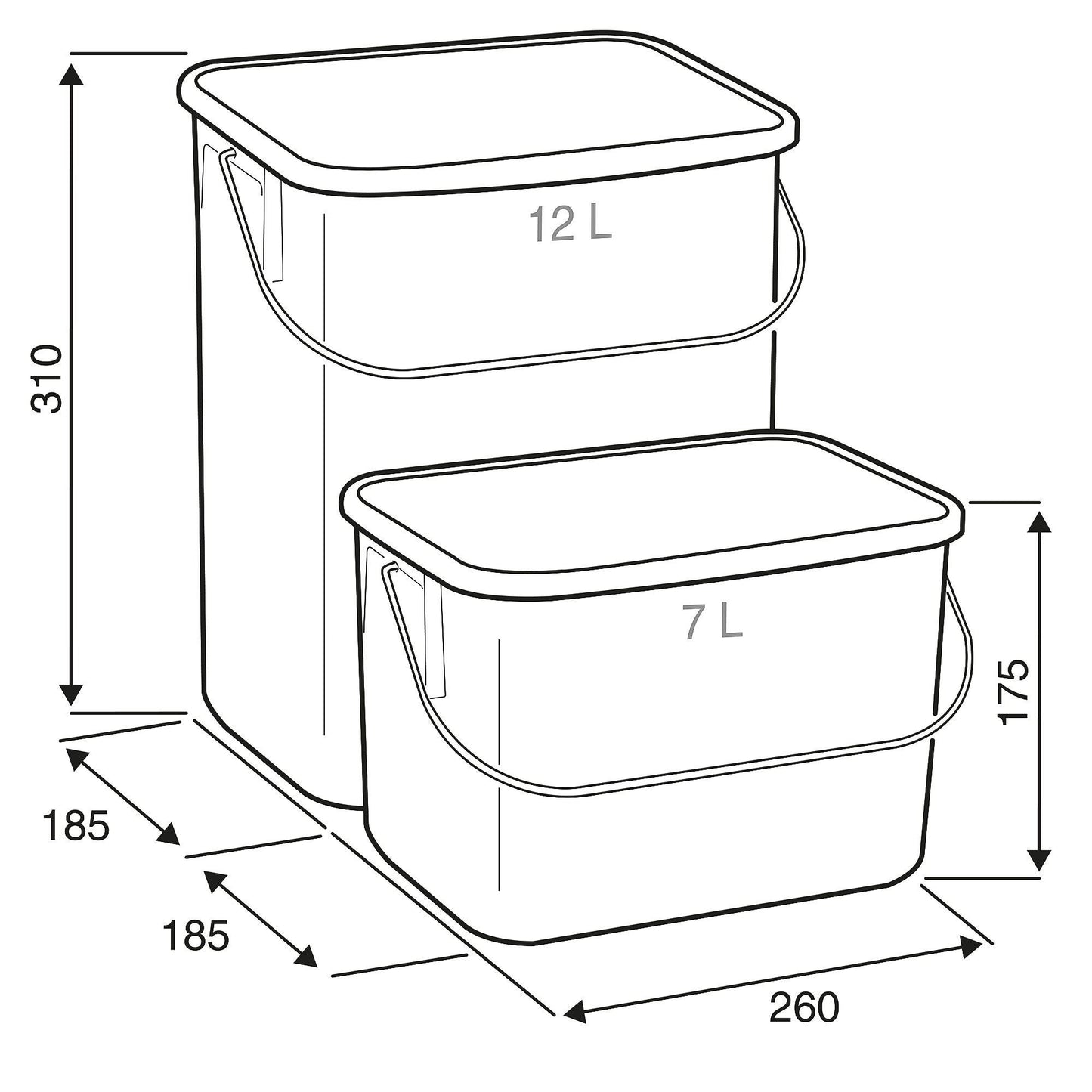 Helt nytt | Kildesorteringssett med uttrekk, 3 beholdere, 2 stk 12 l, 1 stk 7 l, grå