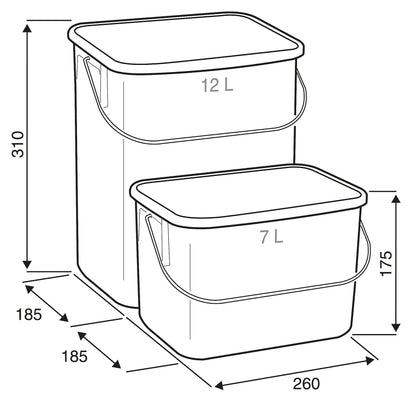 Helt nytt | Kildesorteringssett med uttrekk, 3 beholdere, 2 stk 12 l, 1 stk 7 l, grå