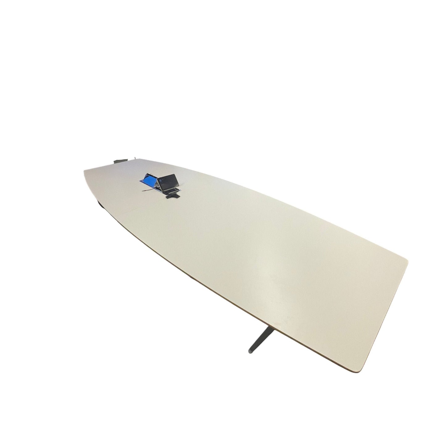 Båtformet møtebord, hvit laminat, 360x120 cm
