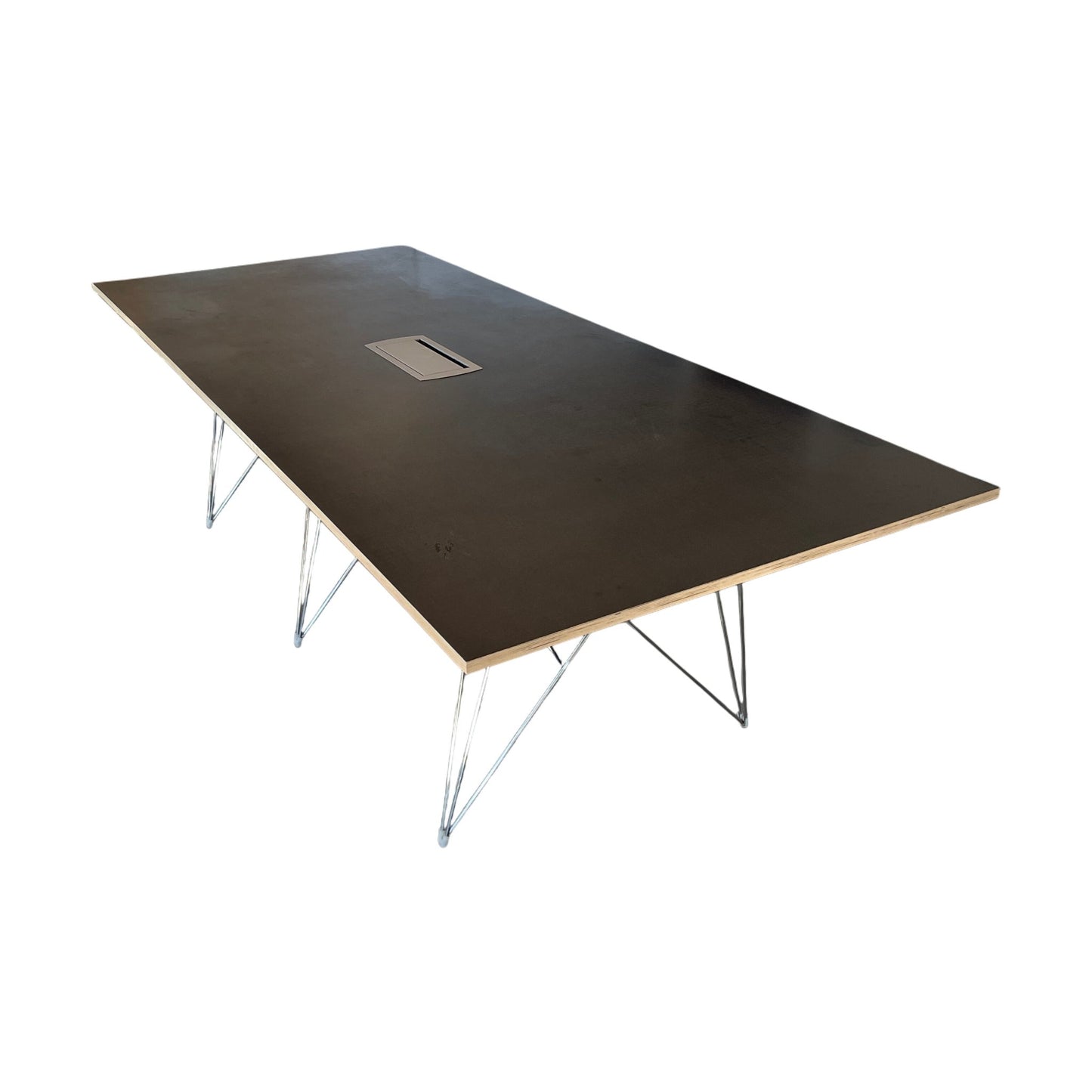 Møtebord med designben i krom, svart bordplate, 250x110 cm