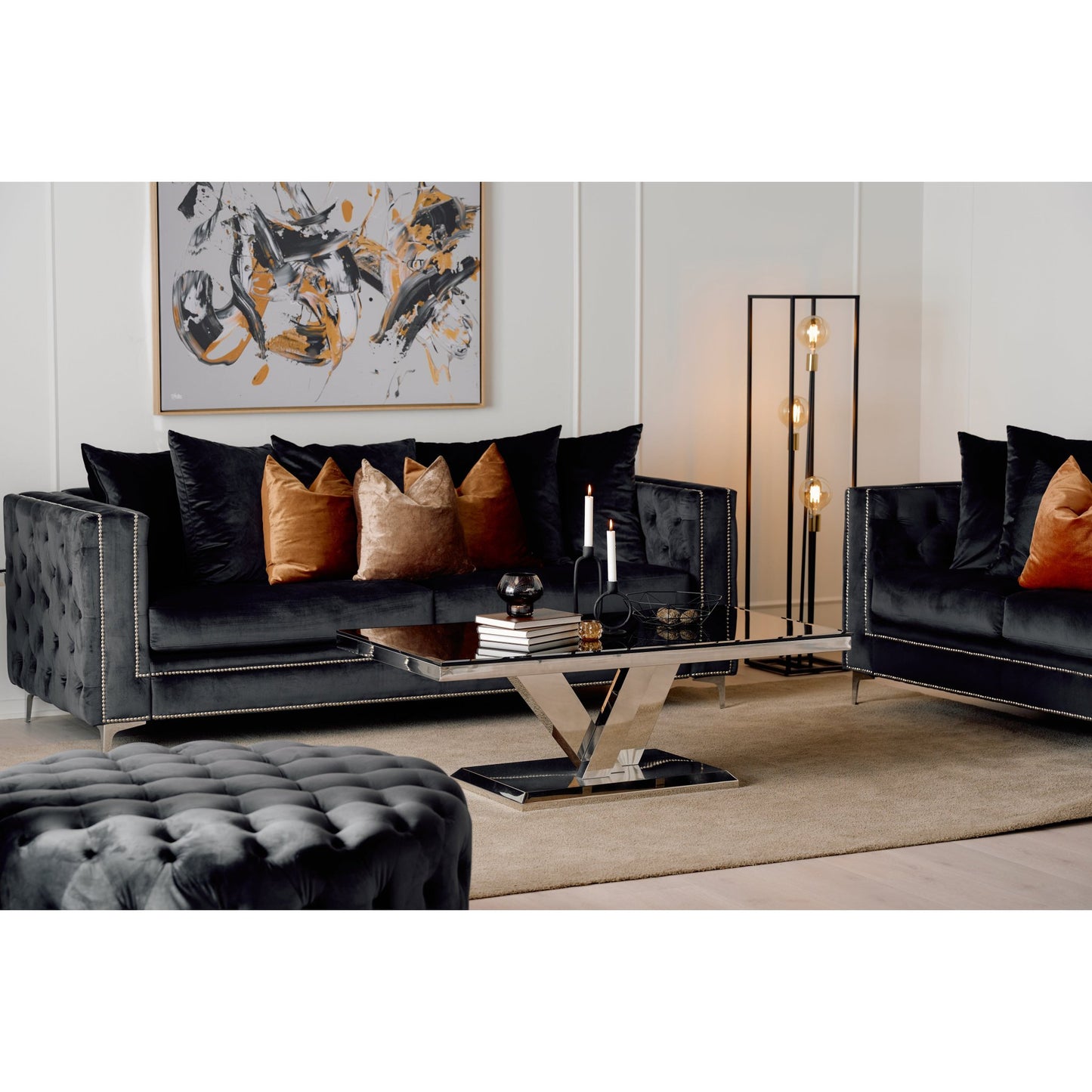 Messina sofabord fra A-Møbler, sort glassplate, 130x70 cm