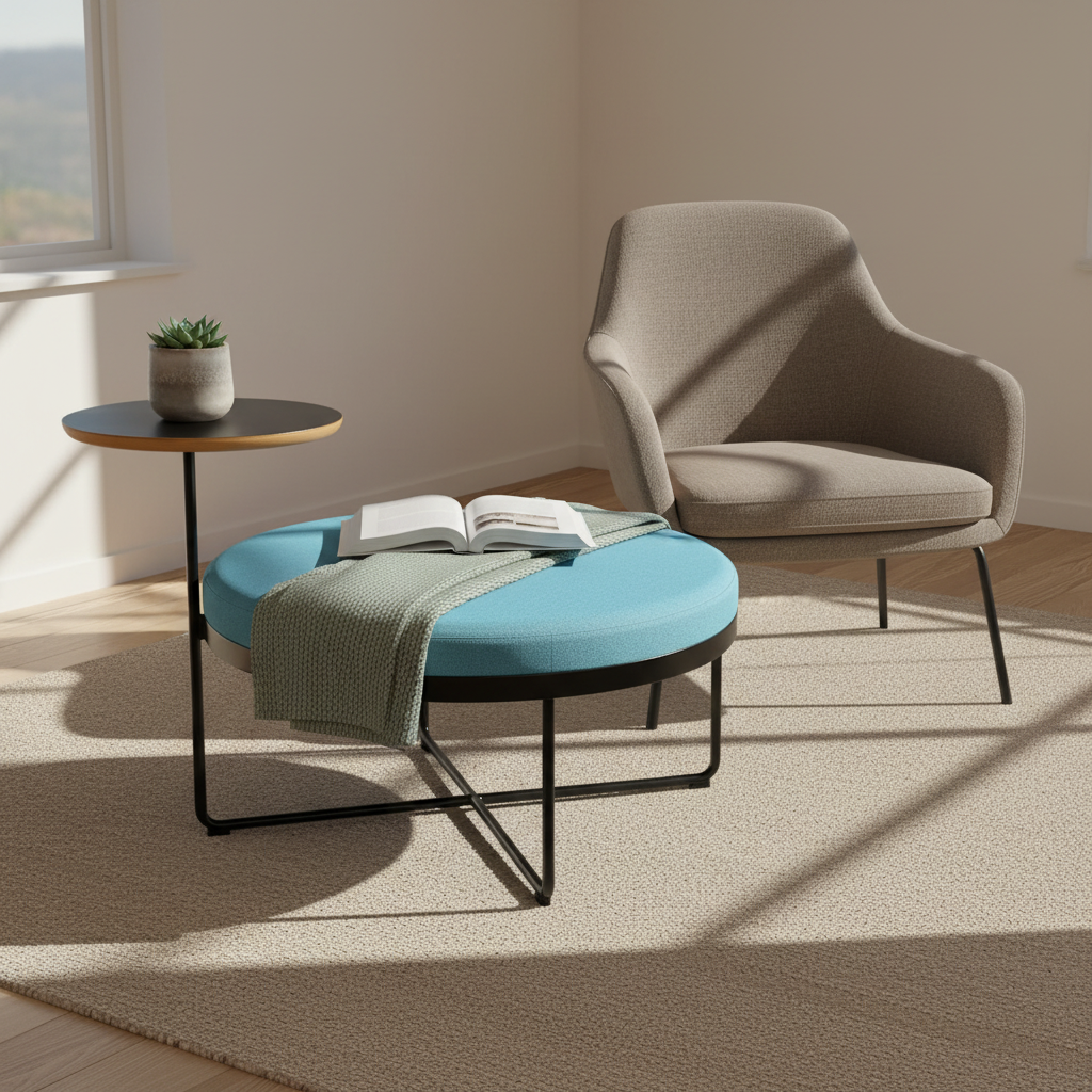 Shima sittepuff fra Johanson Design i lys blå, med innebygd sidebord