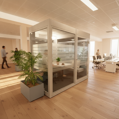 Work stillerom (pod) fra QuietPod i sølv, enkeltplass med glassdør