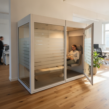Work stillerom (pod) fra QuietPod i sølv, glassdør