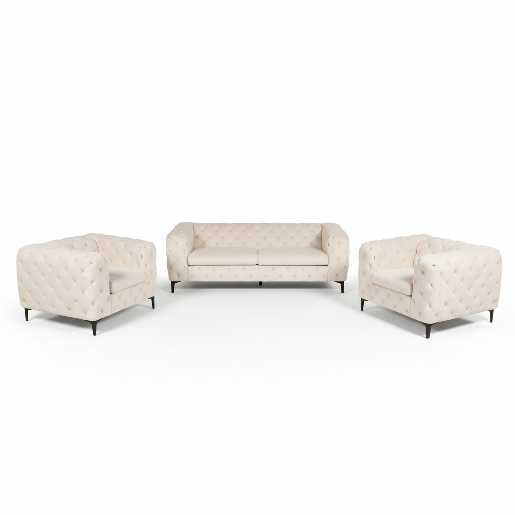 Bella sofagruppe fra A-Møbler, 3+1+1-seter i lys beige velur