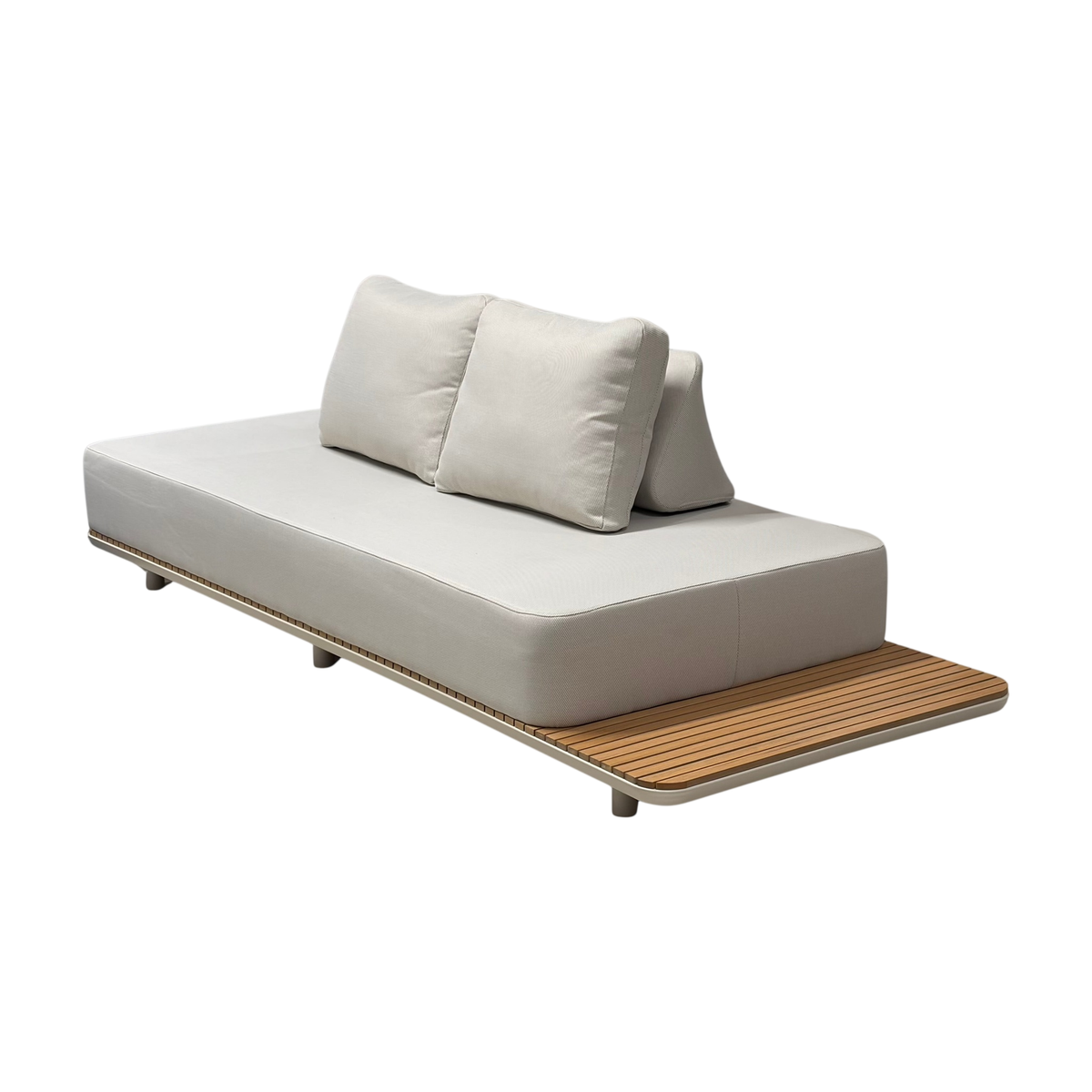 Vienna loungesofa for uterom fra Kid i beige, innebygd sidebord i tre